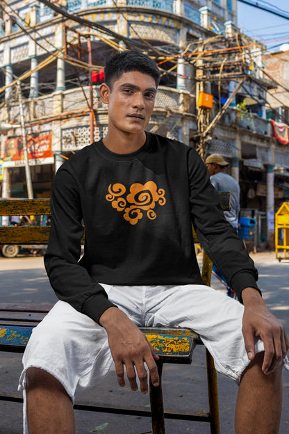 2nd front view of a male model wearing a black sweatshirt featuring "Bindass" in a stylish Hindi font.