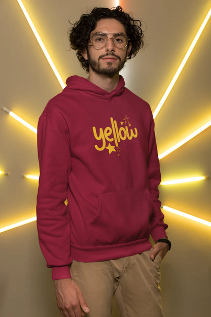 Third front view of a male model wearing a maroon hoodie with the "Yellow" album artwork by Coldplay.