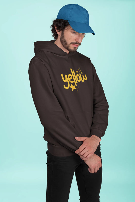 First front view of a male model wearing a chocolate brown hoodie with the "Yellow" album artwork by Coldplay.