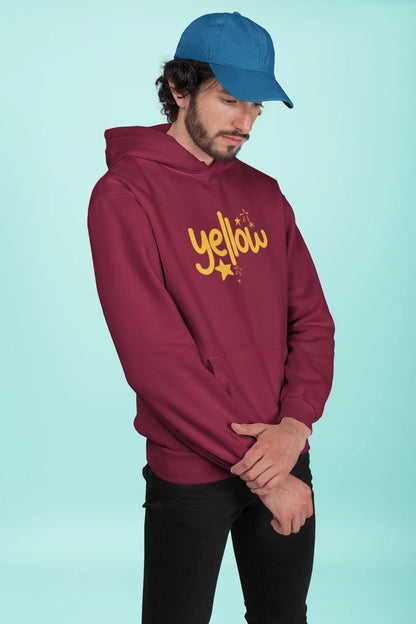 Second front view of a male model wearing a maroon hoodie with the "Yellow" album artwork by Coldplay.