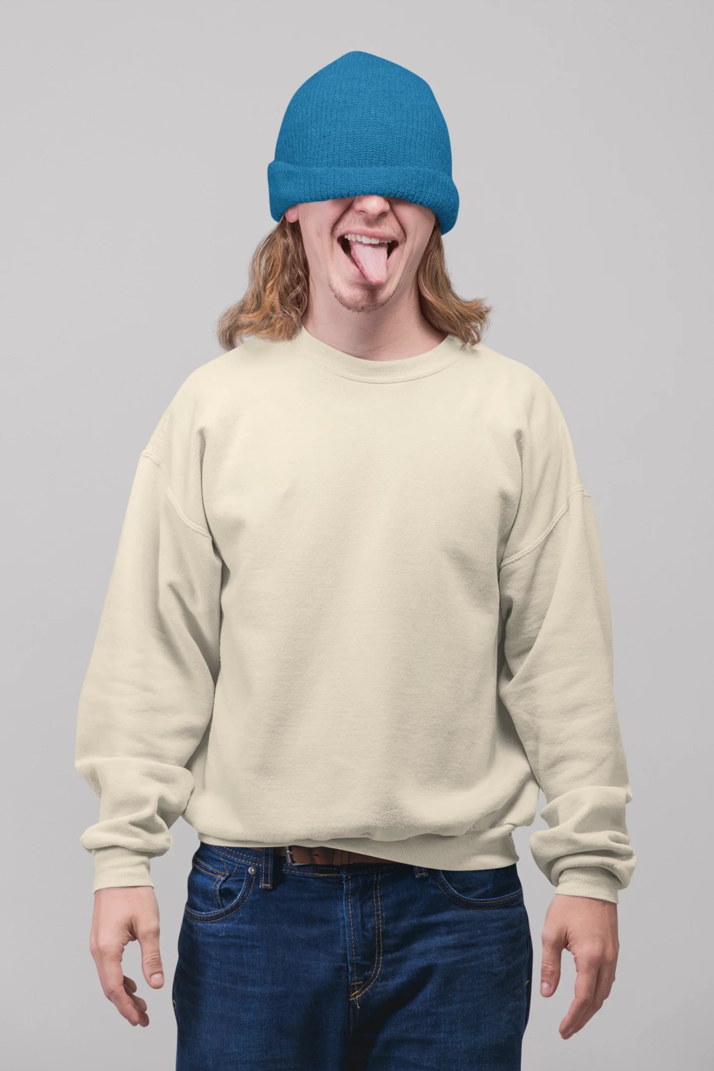 First front view of male model wearing an cream sweatshirt featuring a thought-provoking design of a golden lock shaped like an insect. Ideal for those who love symbolic clothing and unique conversation starters.