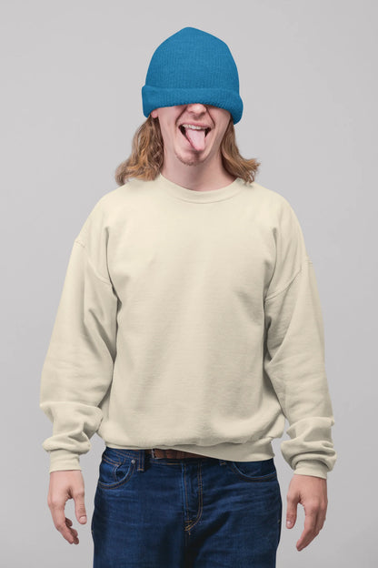 First front view of male model wearing an cream sweatshirt featuring a thought-provoking design of a golden lock shaped like an insect. Ideal for those who love symbolic clothing and unique conversation starters.