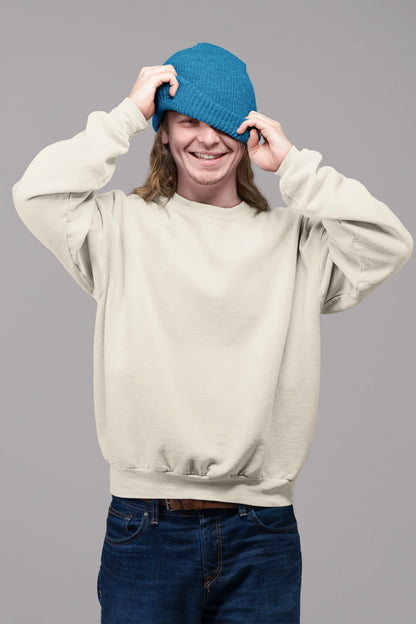 2nd front view of male model wearing an cream sweatshirt featuring a thought-provoking design of a golden lock shaped like an insect. Ideal for those who love symbolic clothing and unique conversation starters.