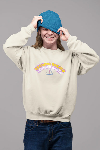 2nd front view of male model wearing a cream sweatshirt with the hilarious message "Stay Delulu" in a bold design. Ideal for those who love trendy slang and lighthearted humor.