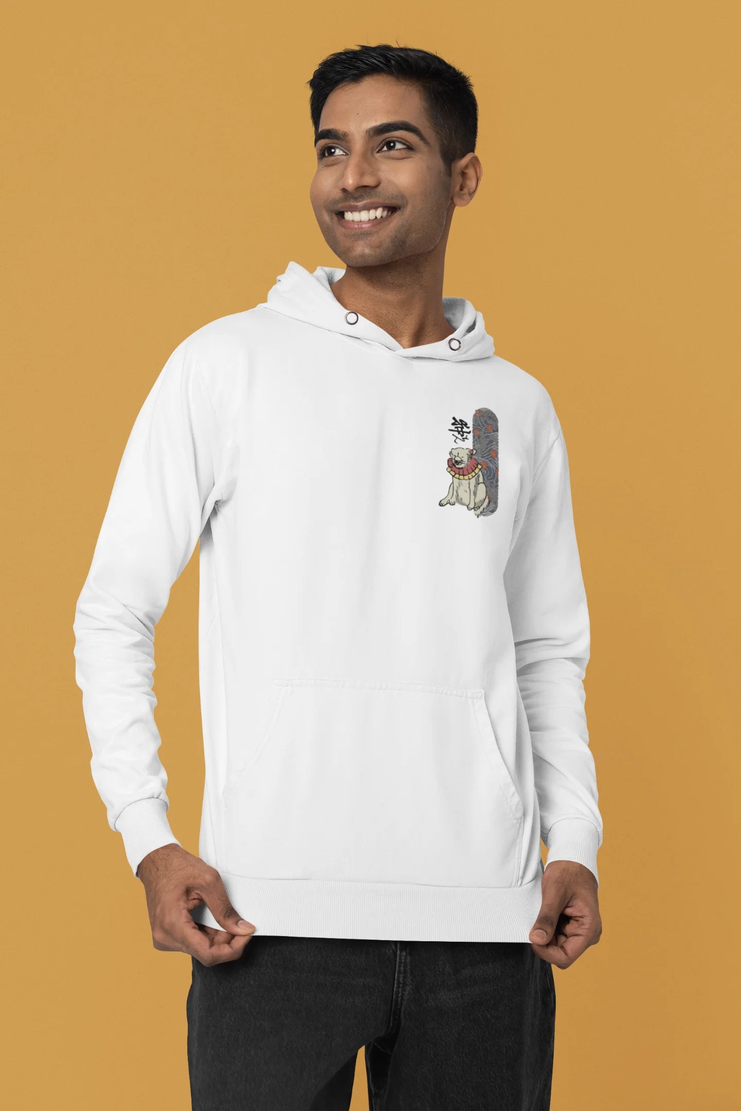 Second front view of a male model wearing a white hoodie with a design of a mythical Japanese dog.