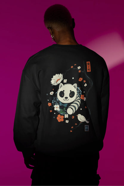 Back view of a male model wearing a black sweatshirt with a panda fox surrounded by bamboo.