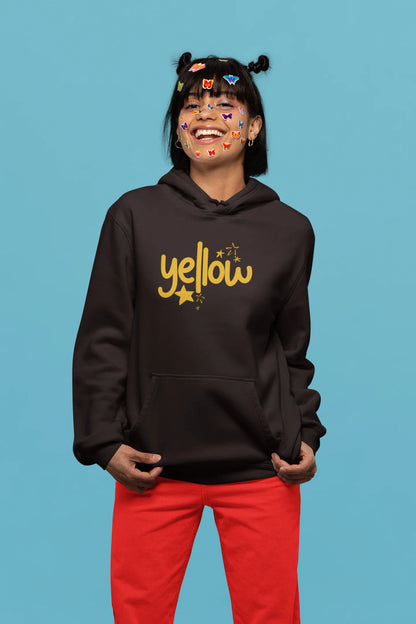 First front view of a female model wearing a chocolate brown hoodie with the "Yellow" album artwork by Coldplay.