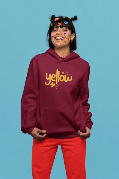 3rd front view of a female model wearing a maroon hoodie with the "Yellow" album artwork by Coldplay.