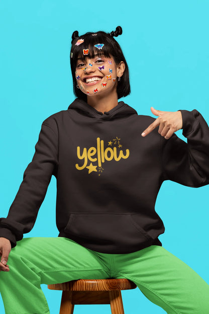 5th front view of a female model wearing a chocolate brown hoodie with the "Yellow" album artwork by Coldplay.
