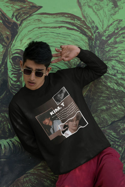 First front view of male model wearing a black sweatshirt featuring a bold design inspired by BTS member Kim Taehyung (V). Ideal for BTS fans (ARMY) and K-Pop enthusiasts.