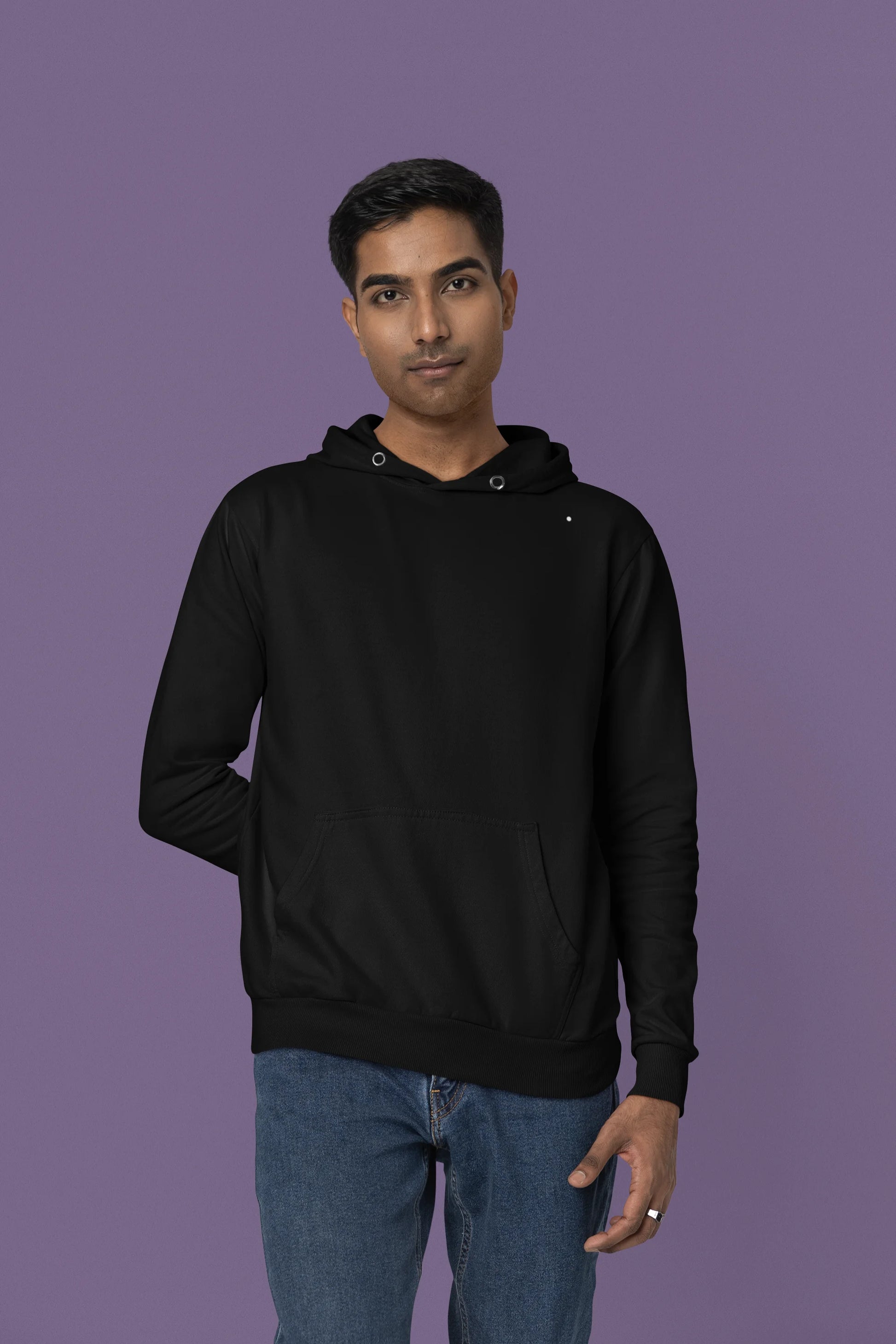 Second front view of a male model wearing a black hoodie with a Japanese art style tiger design.