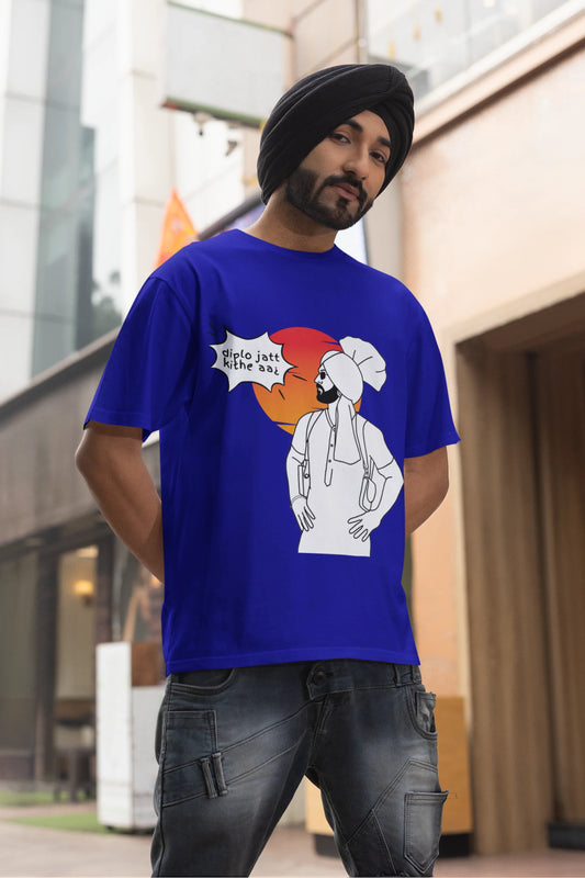 First image of a male model wearing a royal blue oversized tshirt with a A portrait of Diljit Dosanjh wearing a stylish outfit, with the text "Diplo Jatt Kithe Aai" prominently displayed in the background. The design captures the artist's charisma and the energy of the hit song, making it a must-have for fans of Diljit Dosanjh and Diplo alike. 