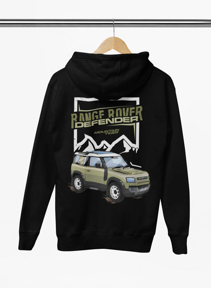 Back view of a black hoodie featuring a Range Rover Defender design, exuding power and ruggedness.