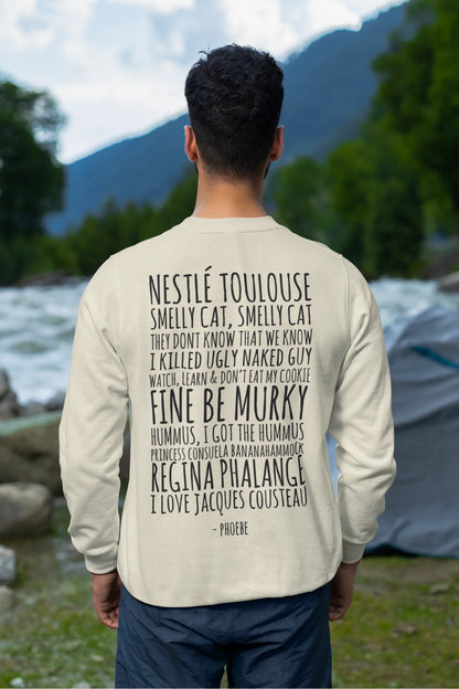 Back view of male model wearing a off-cream F.R.I.E.N.D.S. sweatshirt featuring a fun design inspired by Phoebe Buffay and her iconic quotes.