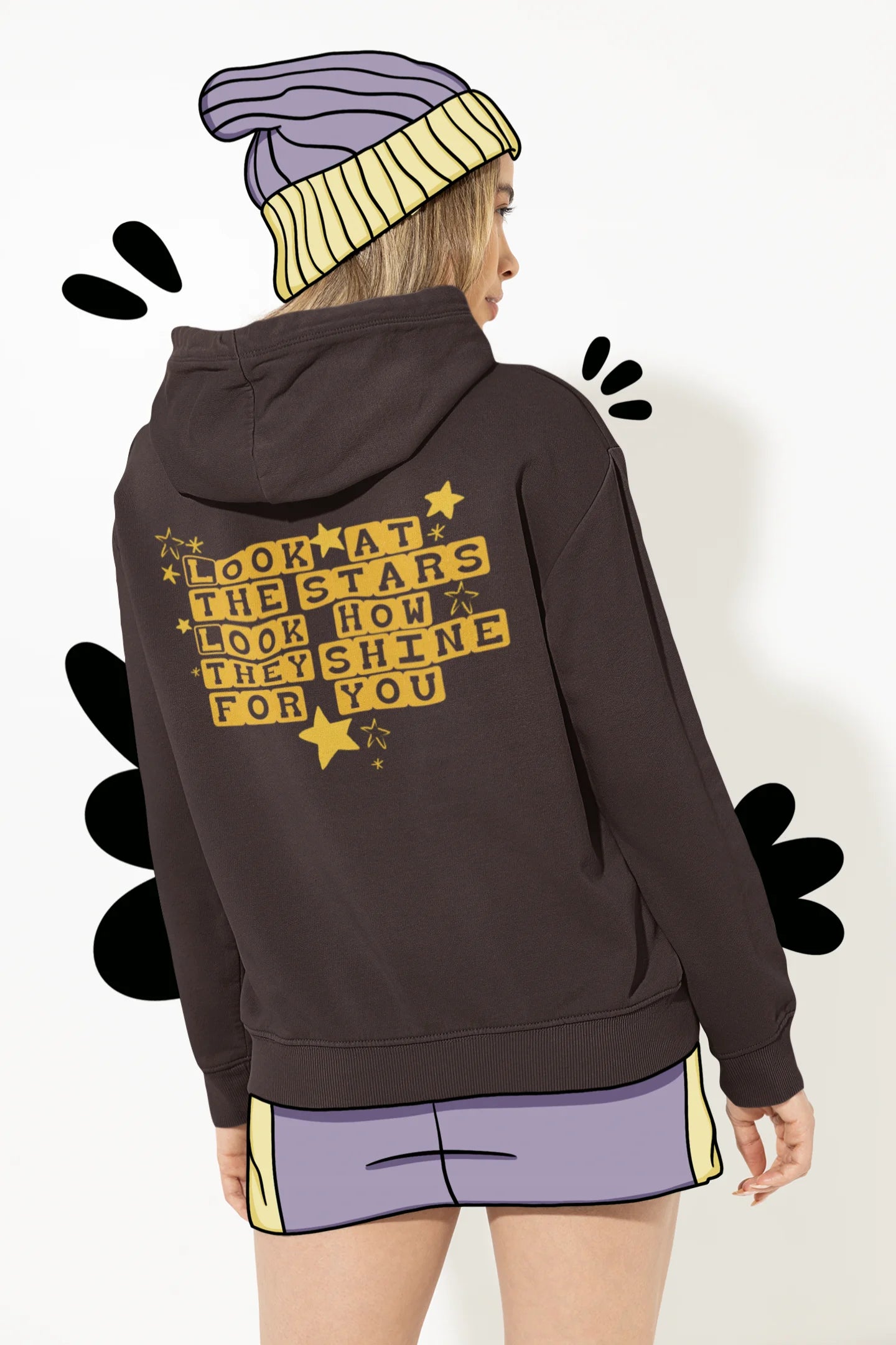 Back view of a female model wearing a chocolate brown hoodie with the "Yellow" album artwork by Coldplay.