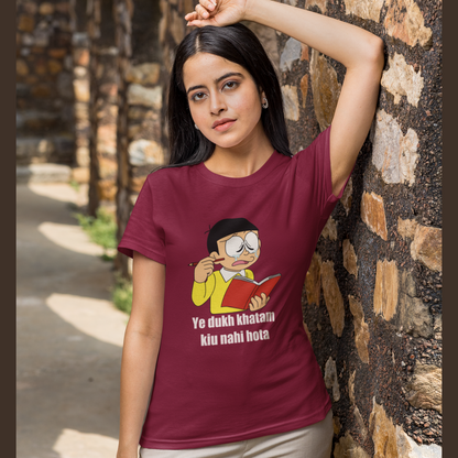 Front view of a female model wearing a maroon t-shirt featuring a funny Shinchan illustration from the Crayon Shinchan anime. Ideal for fans of the show and anyone who loves a good laugh.