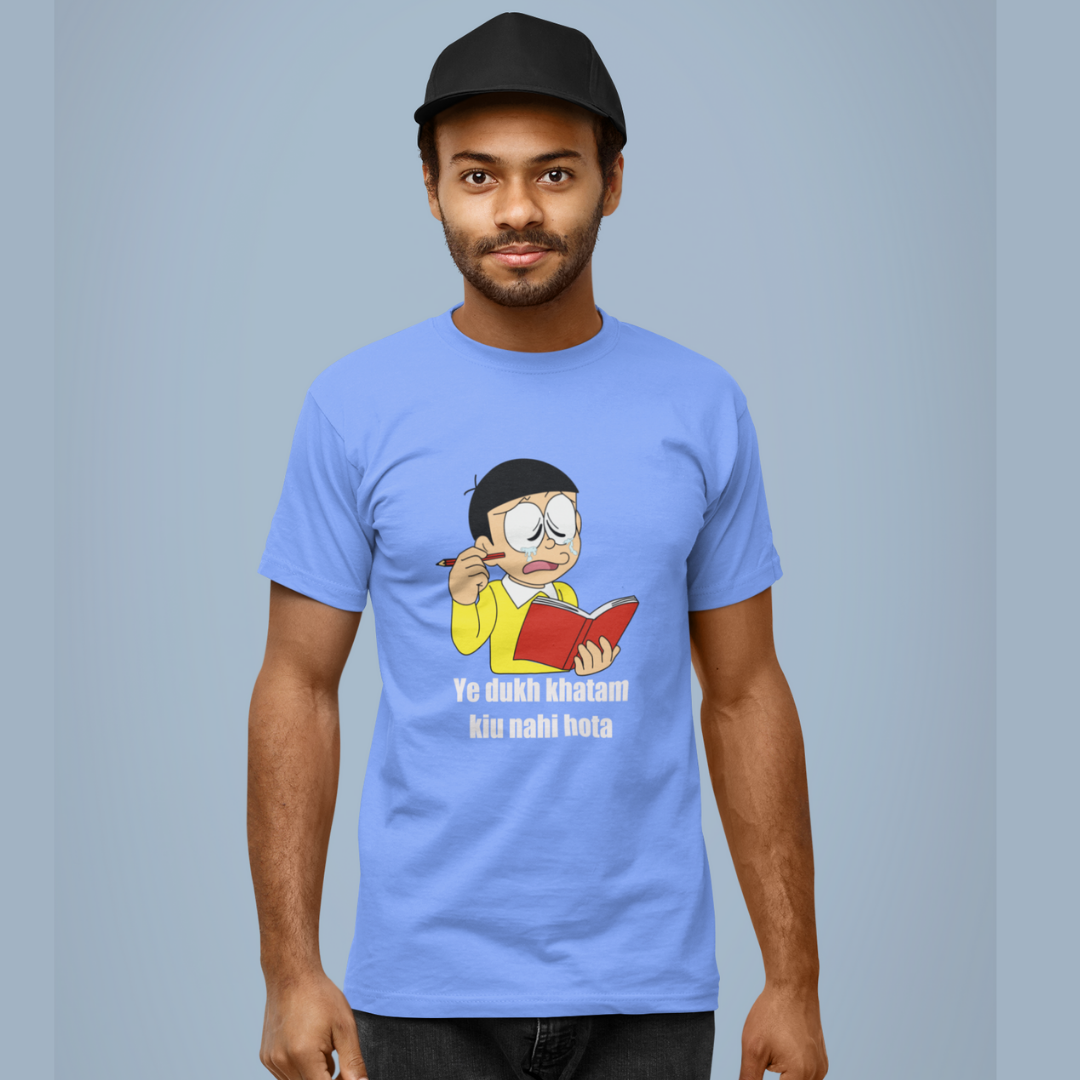 Front view of a male model wearing a sky-blue t-shirt featuring a funny Shinchan illustration from the Crayon Shinchan anime. Ideal for fans of the show and anyone who loves a good laugh.