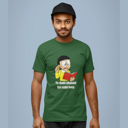 Front view of a male model wearing a bottle-green t-shirt featuring a funny Shinchan illustration from the Crayon Shinchan anime. Ideal for fans of the show and anyone who loves a good laugh.
