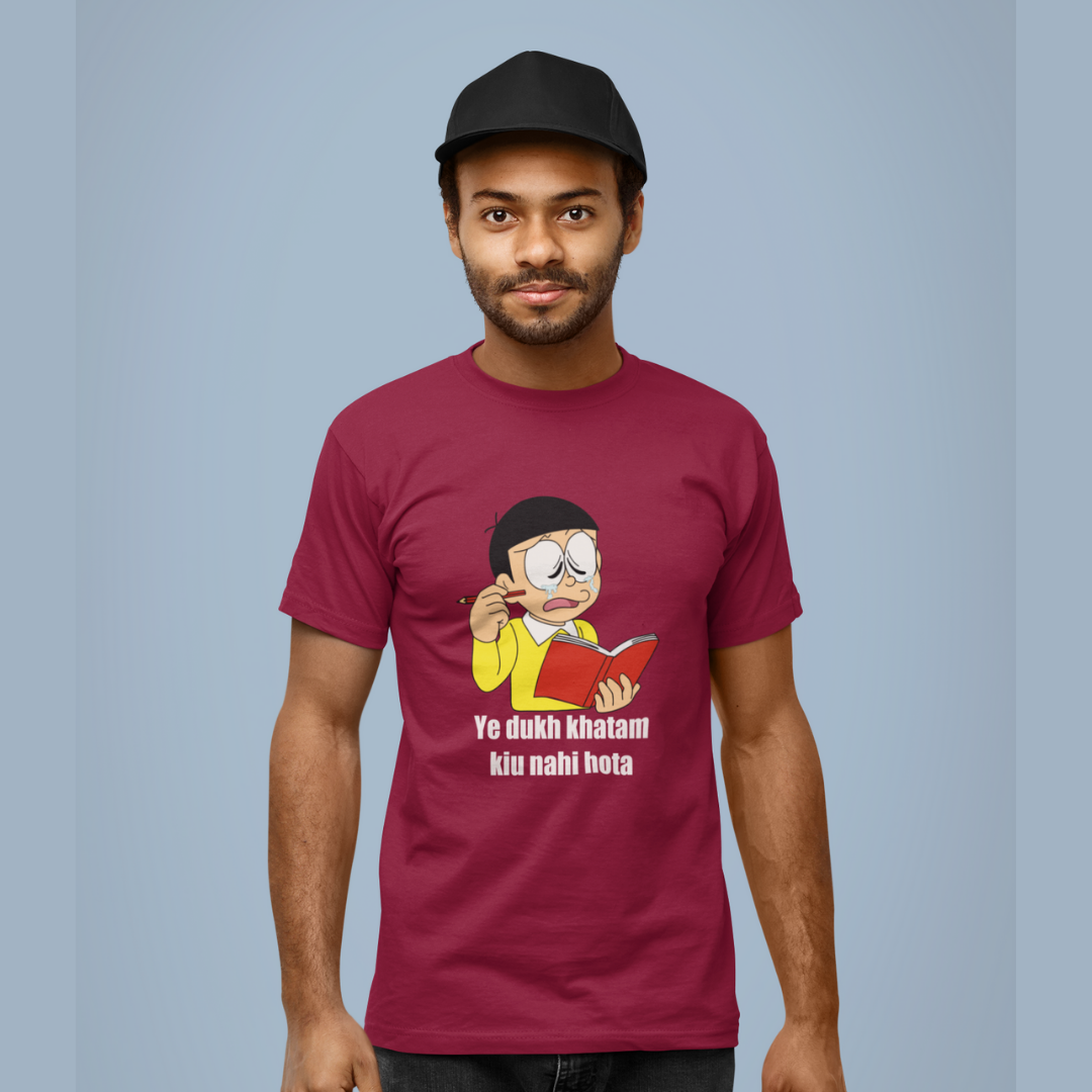 Front view of a male model wearing a maroon t-shirt featuring a funny Shinchan illustration from the Crayon Shinchan anime. Ideal for fans of the show and anyone who loves a good laugh.