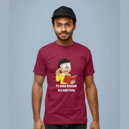 Front view of a male model wearing a maroon t-shirt featuring a funny Shinchan illustration from the Crayon Shinchan anime. Ideal for fans of the show and anyone who loves a good laugh.