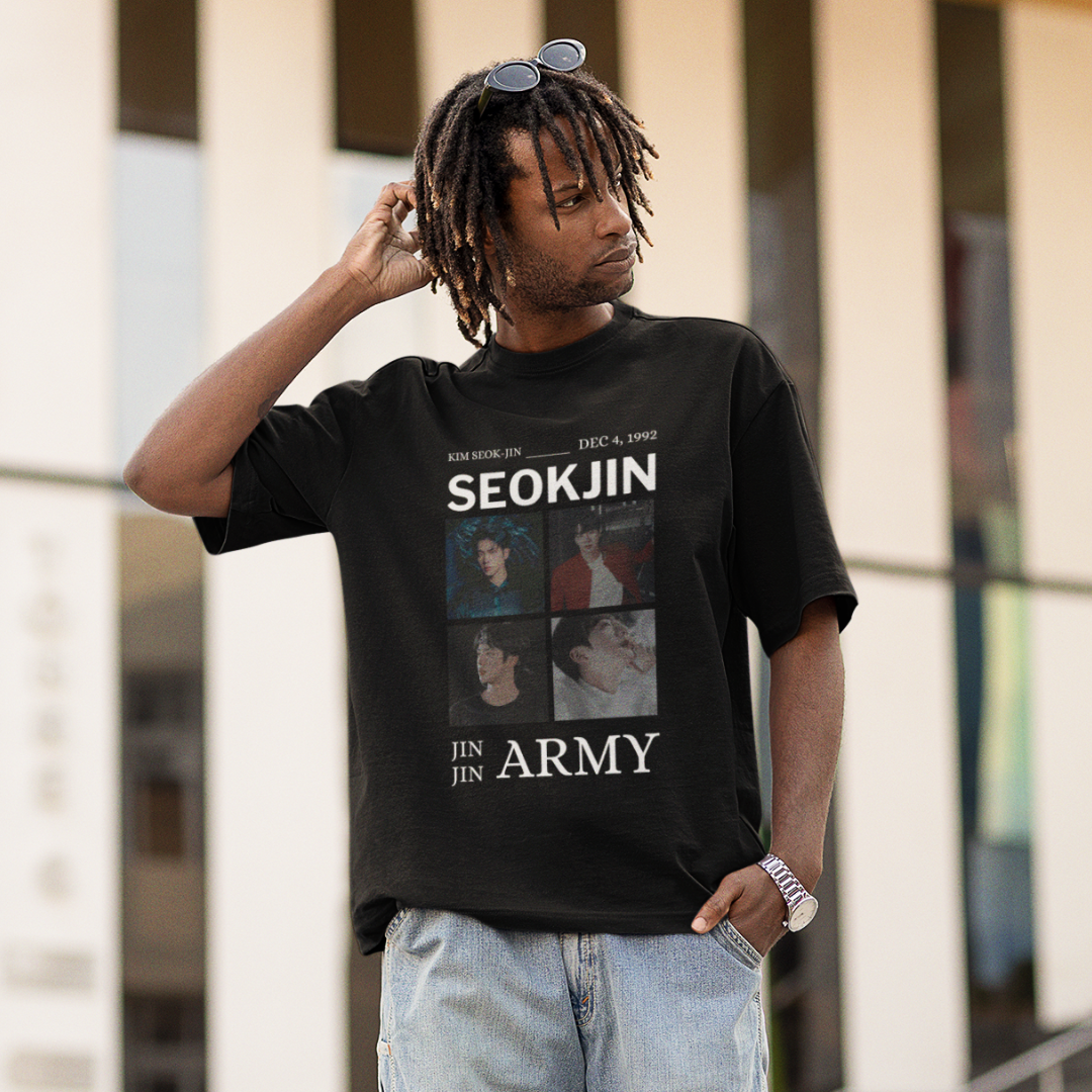 Second front view of male model wearing an black oversized t-shirt featuring a bold design inspired by BTS member Jin. Ideal for BTS fans (ARMY) and K-Pop enthusiasts looking for unique Korean Wave fashion.