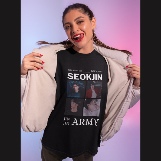 Second front view of female model wearing an black oversized t-shirt featuring a bold design inspired by BTS member Jin. Ideal for BTS fans (ARMY) and K-Pop enthusiasts looking for unique Korean Wave fashion.