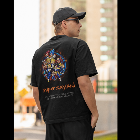 Back view of a male model wearing a black oversized t-shirt featuring multiple characters from Dragon Ball Z in their Super Saiyan forms with the text "Super Saiyans."