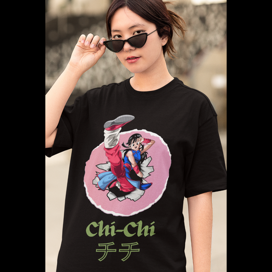 First front view of a female model wearing a black oversized t-shirt featuring Chi-Chi from Dragon Ball Z with the text "Chi-Chi."