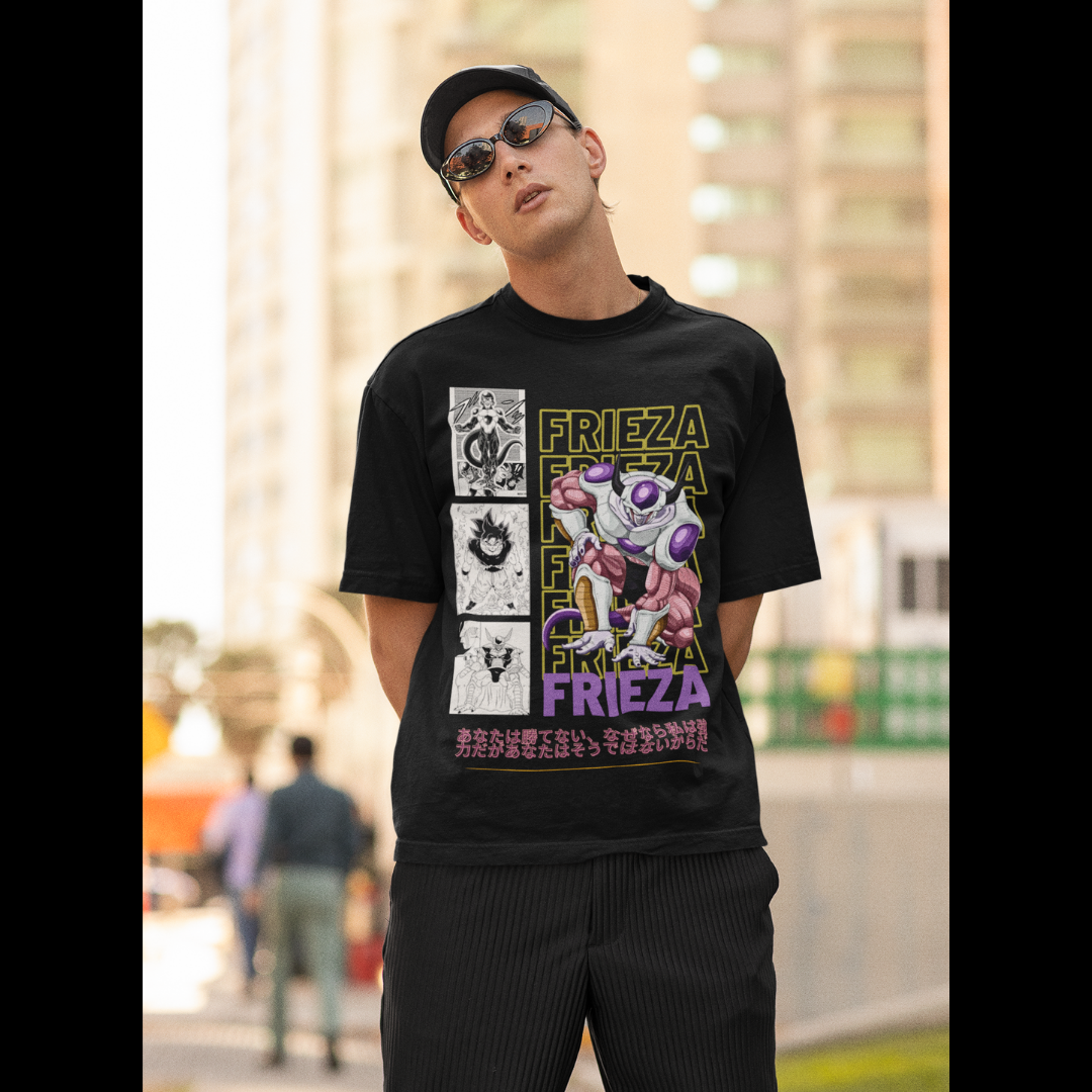 First front view of a male model wearing a black oversized t-shirt featuring Frieza from Dragon Ball Z with the text "Frieza."