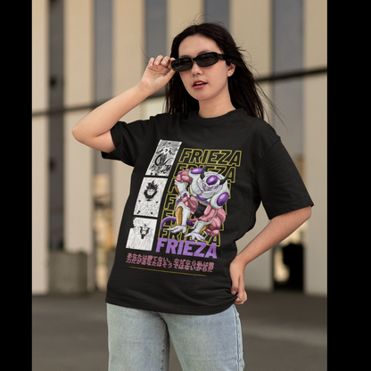 First front view of a female model wearing a black oversized t-shirt featuring Frieza from Dragon Ball Z with the text "Frieza."