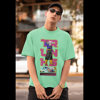 First front view of a male model wearing a mint green oversized t-shirt featuring Trunks from Dragon Ball Z with the text "Trunks."