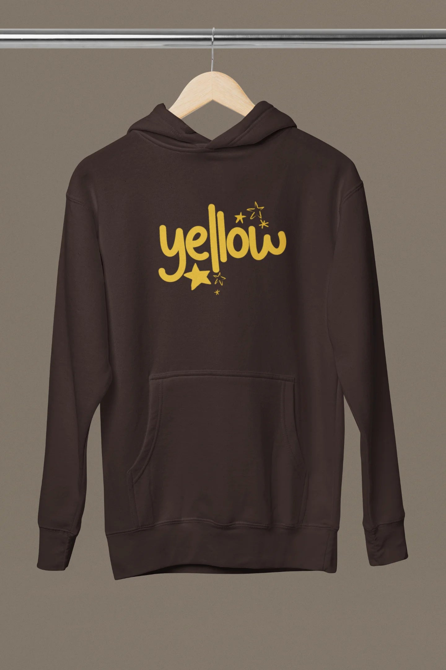Front view of a chocolate brown hoodie with the "Yellow" album artwork by Coldplay.