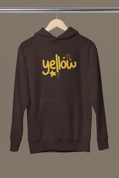 Front view of a chocolate brown hoodie with the "Yellow" album artwork by Coldplay.