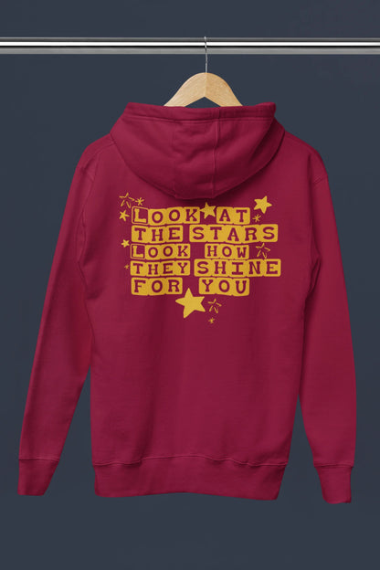 Back view of a maroon hoodie with the "Yellow" album artwork by Coldplay.