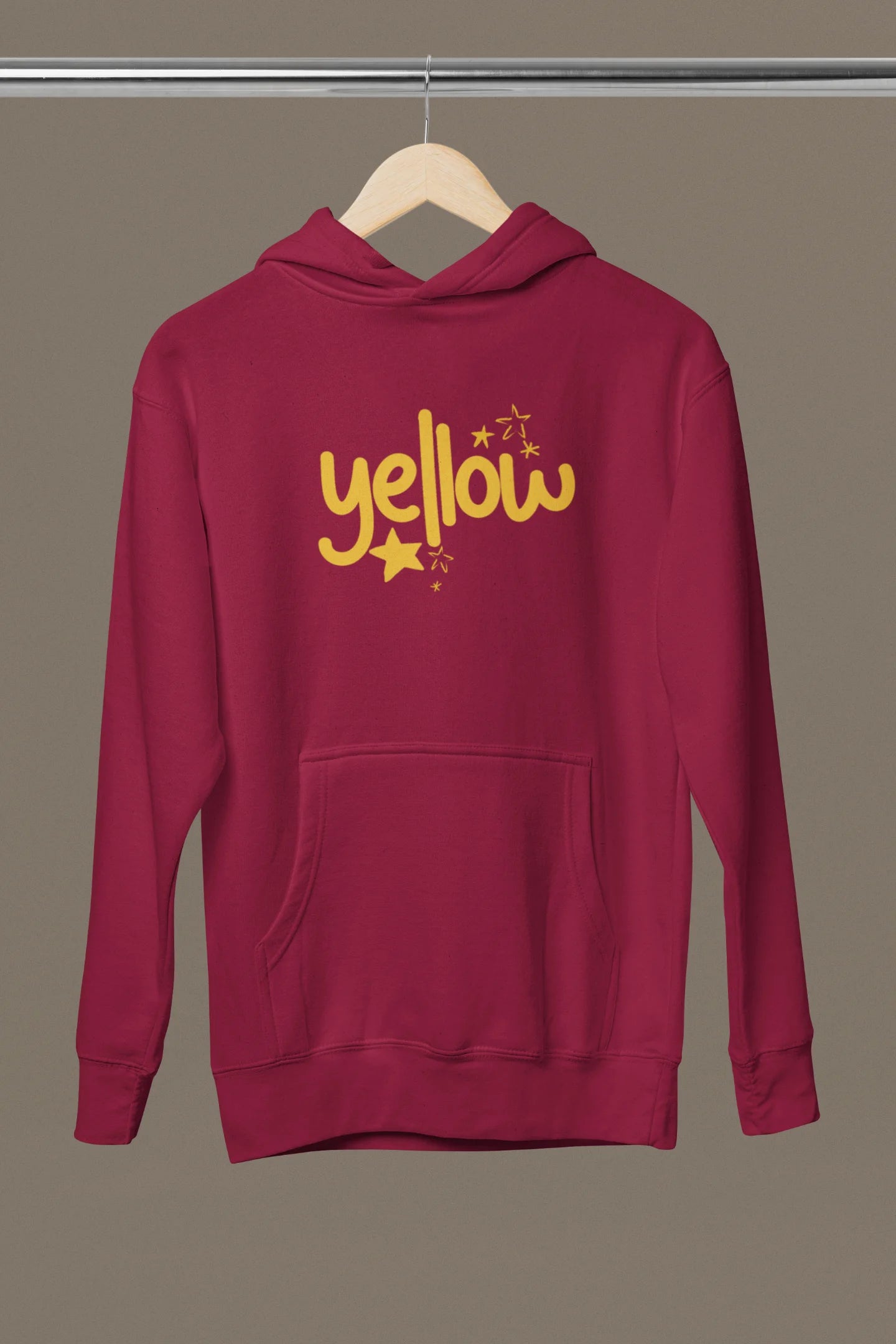 Front view of a maroon hoodie with the "Yellow" album artwork by Coldplay.