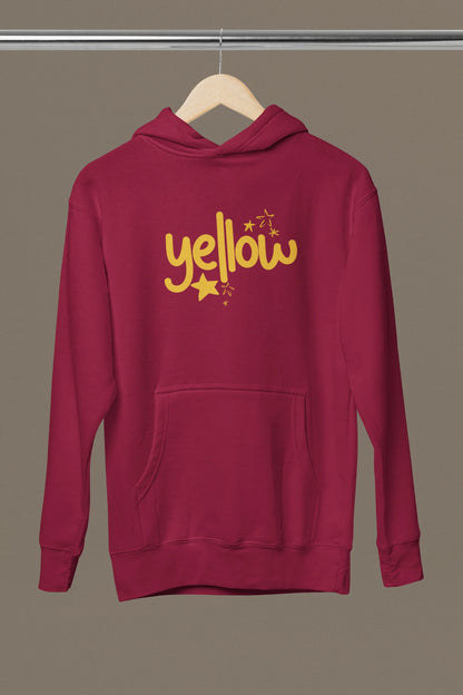 Front view of a maroon hoodie with the "Yellow" album artwork by Coldplay.