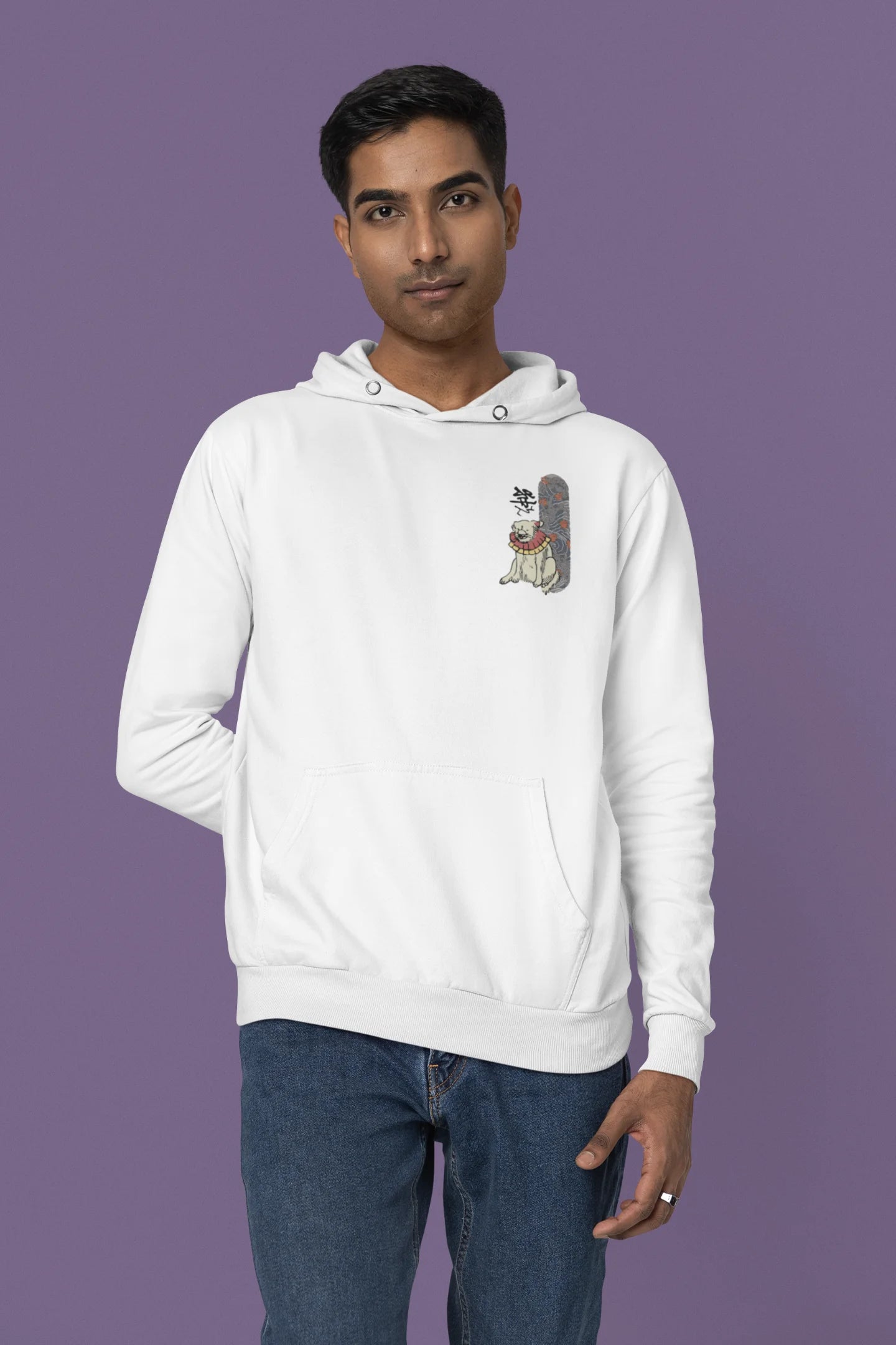 Fourth front view of a male model wearing a white hoodie with a design of a mythical Japanese dog.