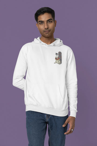 Fourth front view of a male model wearing a white hoodie with a design of a mythical Japanese dog.