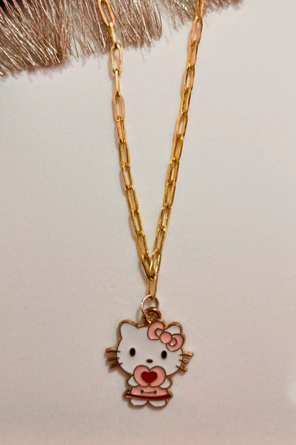 4th front view of gold chain necklace with a small pendant shaped like Hello Kitty with a heart sign.