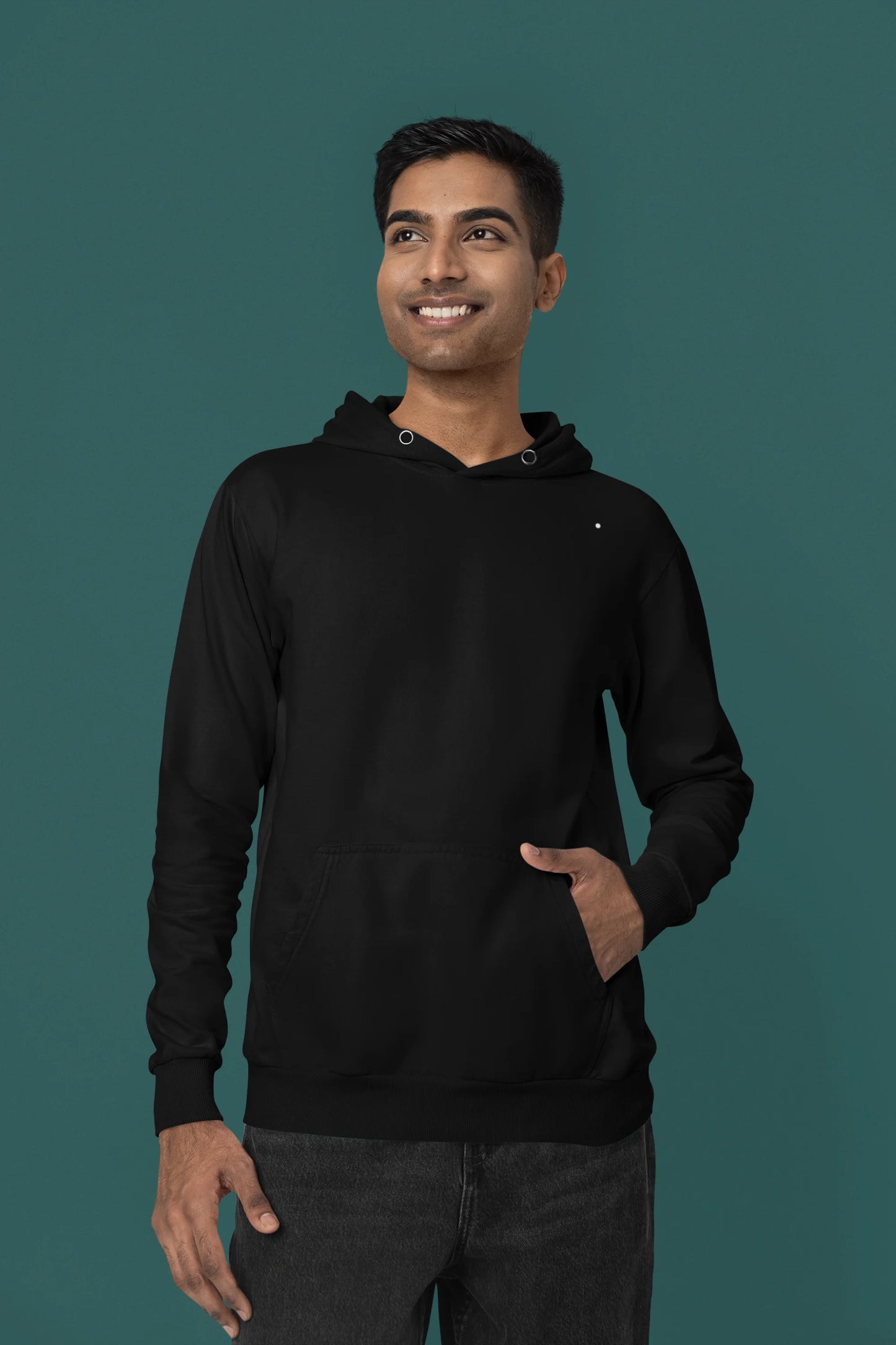 Third front view of a male model wearing a black hoodie with a Japanese art style tiger design.