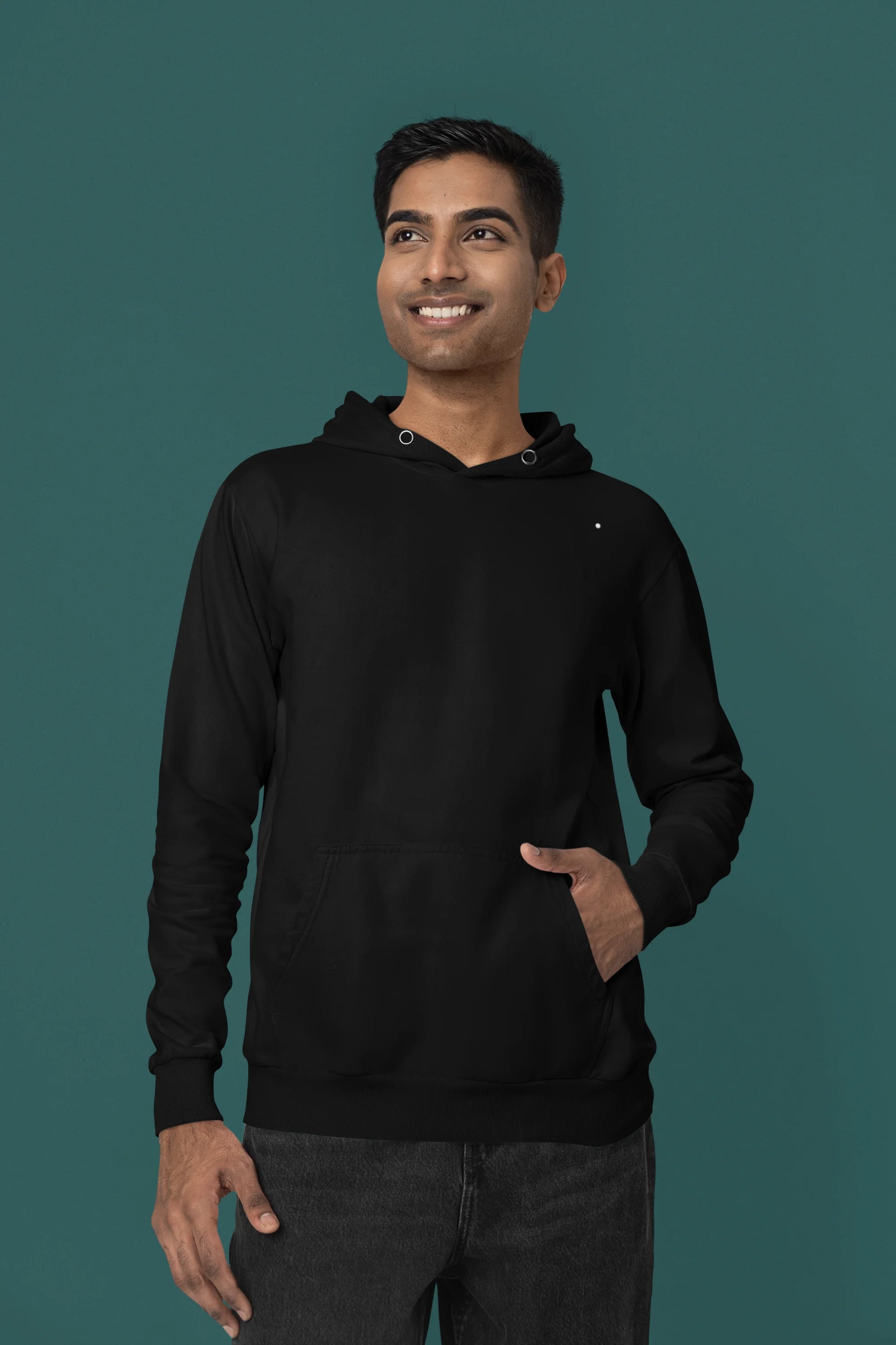 Third front view of a male model wearing a black hoodie with a Japanese art style tiger design.