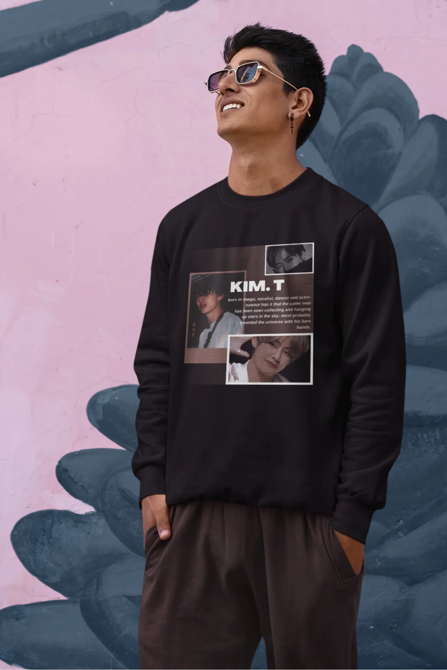 Second front view of male model wearing a black sweatshirt featuring a bold design inspired by BTS member Kim Taehyung (V). Ideal for BTS fans (ARMY) and K-Pop enthusiasts.