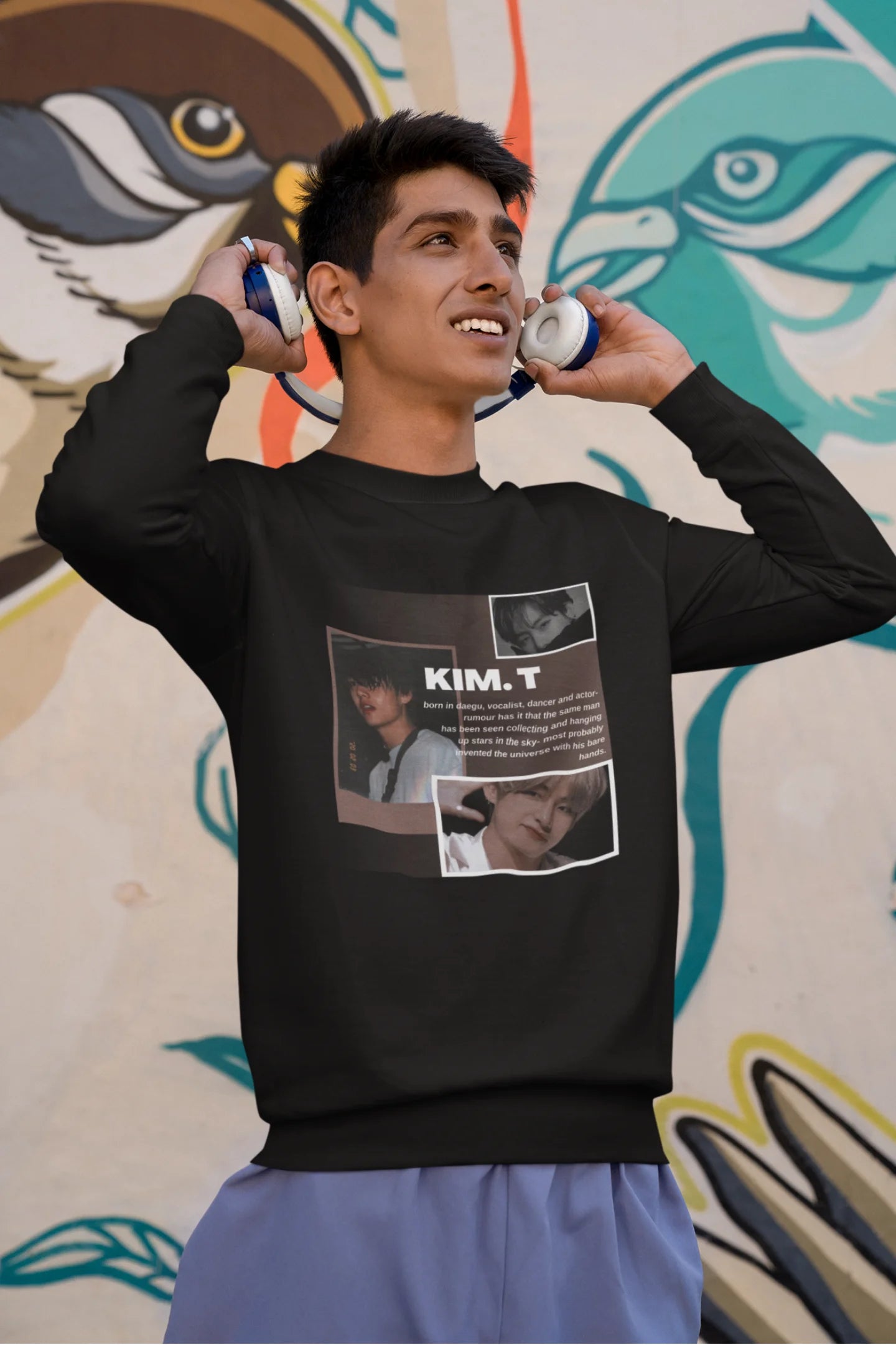 Third front view of male model wearing a black sweatshirt featuring a bold design inspired by BTS member Kim Taehyung (V). Ideal for BTS fans (ARMY) and K-Pop enthusiasts.