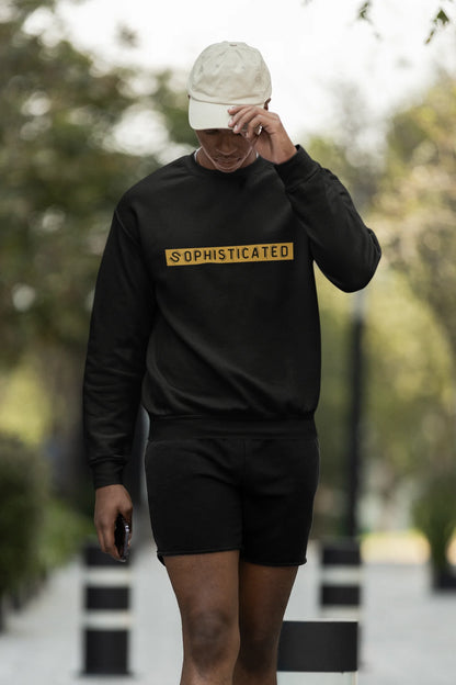 Third front view of a male model wearing a black sweatshirt with a sophisticated brutalist design featuring a Greek god statue.