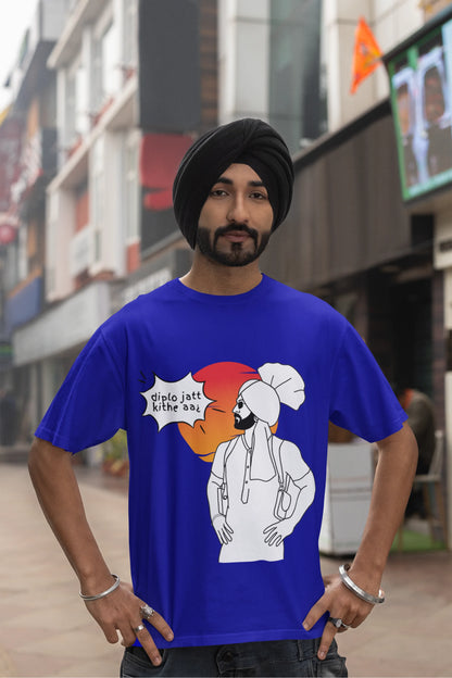 Third image of a male model wearing a royal blue oversized tshirt with a A portrait of Diljit Dosanjh wearing a stylish outfit, with the text "Diplo Jatt Kithe Aai" prominently displayed in the background. The design captures the artist's charisma and the energy of the hit song, making it a must-have for fans of Diljit Dosanjh and Diplo alike. 