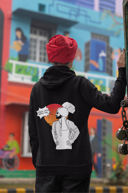 Back view of a female model wearing a black hoodie with the text "Diplo Jatt Kithe Aai" and a vibrant design.