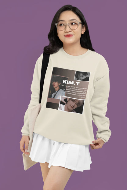 First front view of female model wearing a cream sweatshirt featuring a bold design inspired by BTS member Kim Taehyung (V). Ideal for BTS fans (ARMY) and K-Pop enthusiasts.