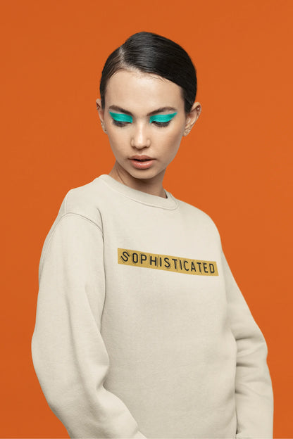 Fifth front view of a female model wearing a cream sweatshirt with a sophisticated brutalist design featuring a Greek god statue.