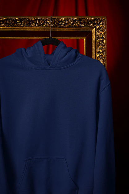 Front view of a navy blue hoodie with a design of a wildcat sitting on ocean waves.