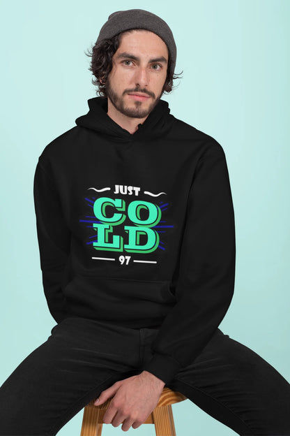 3rd front view of a male model wearing an black sweatshirt with the text "Just Cold" printed on it.